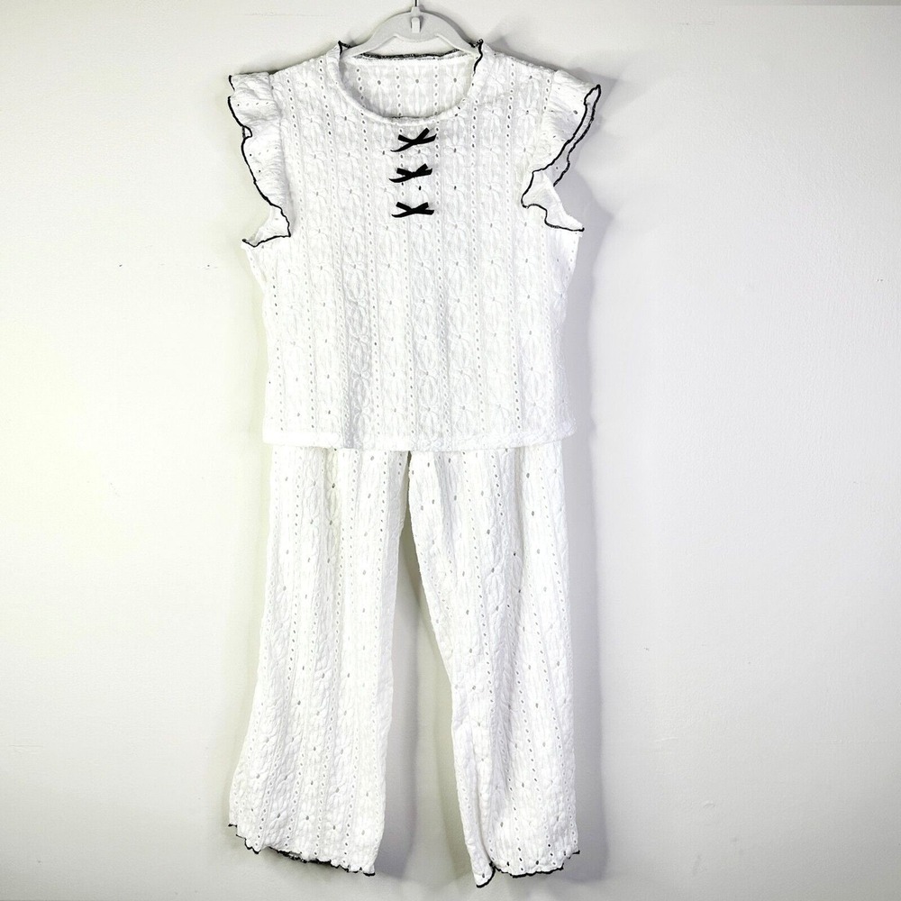 Unbranded Pajama Set PJ Women XL White Eyelet Lace Ruffle Bow Trim Flutter‎ NWOT